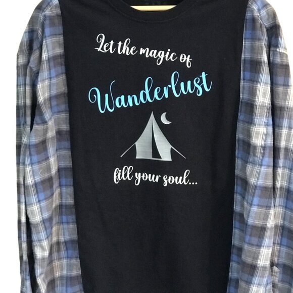 Reworked Flannel Shirt, Size L-XL: Upcycled Oversized Wanderlust Travel Graphics - Picture 5 of 8